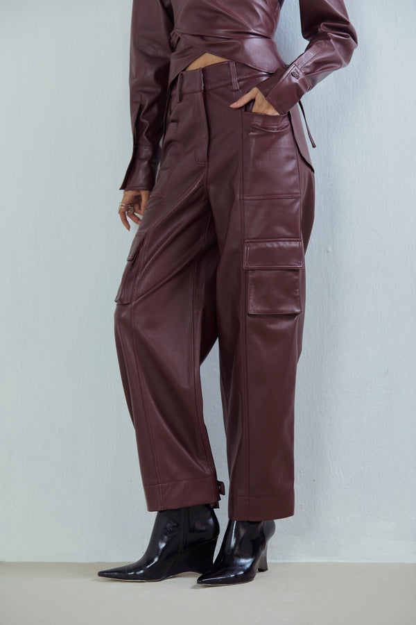 Faux Leather Cargo Trousers