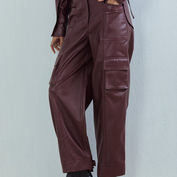 Oxblood Red Faux Leather Cargo Trousers Qua
