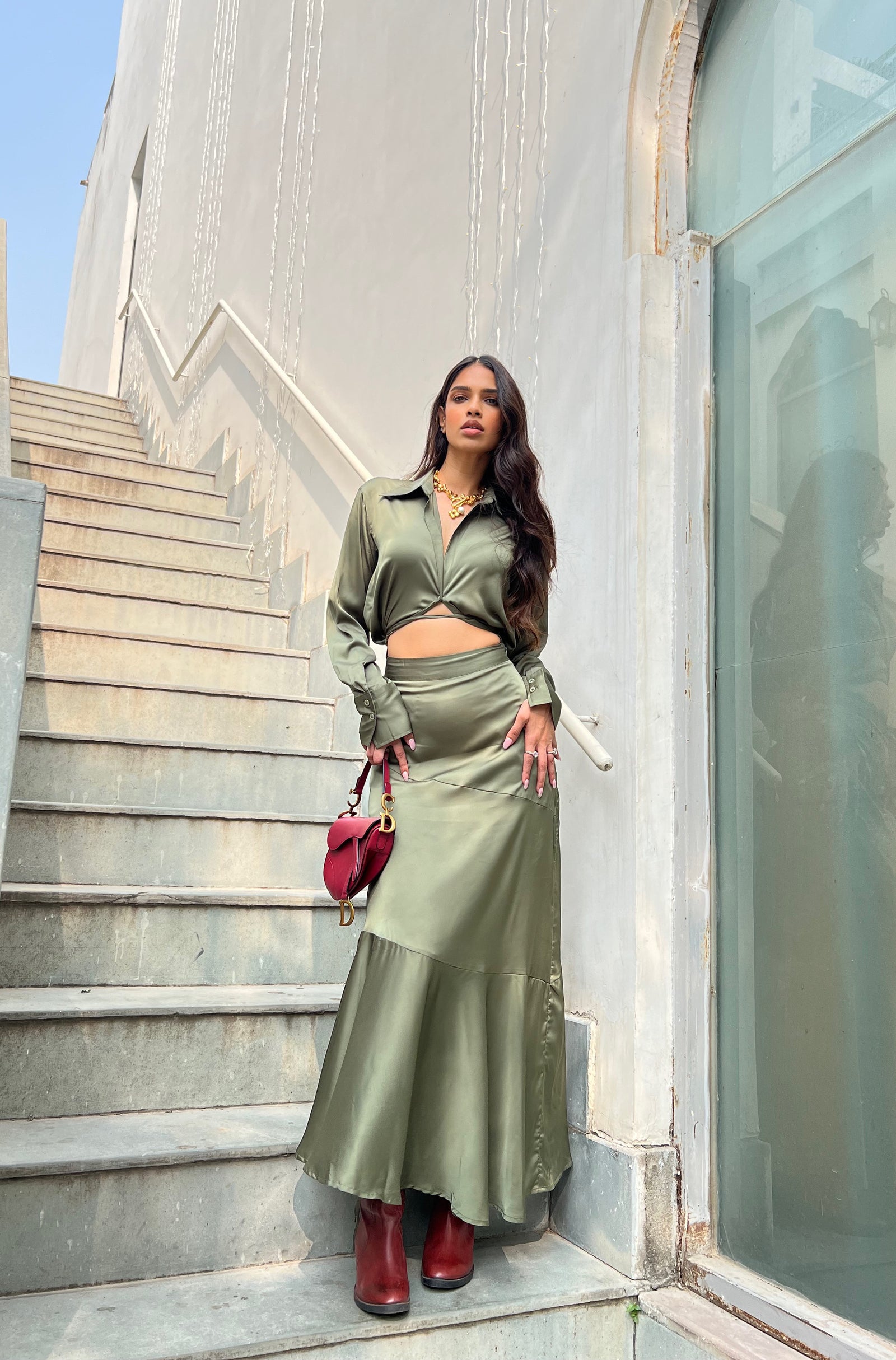 Moss Green Asymmetric Satin Skirt – Qua