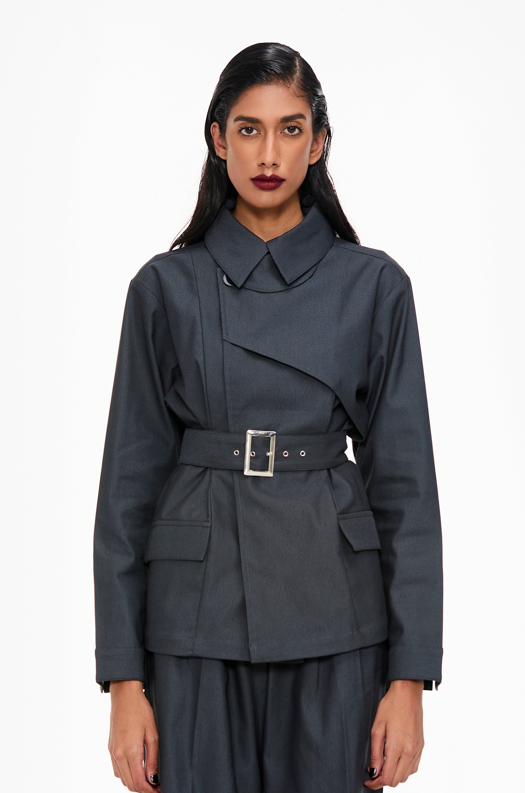 Granite Grey Belted Trench Shacket – Qua