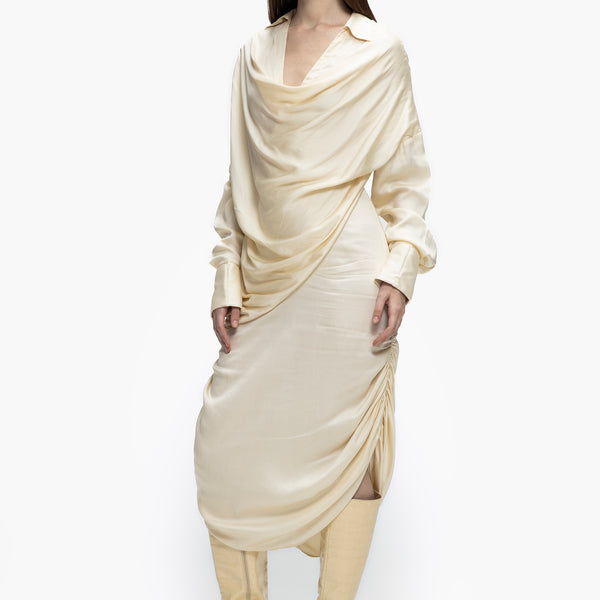 asymmetric cowl neck dress Cream – Qua Size:Straight Size (XXS-XL) Micro-Ruffle Soft ruching at the Asymmetrical pleated dress