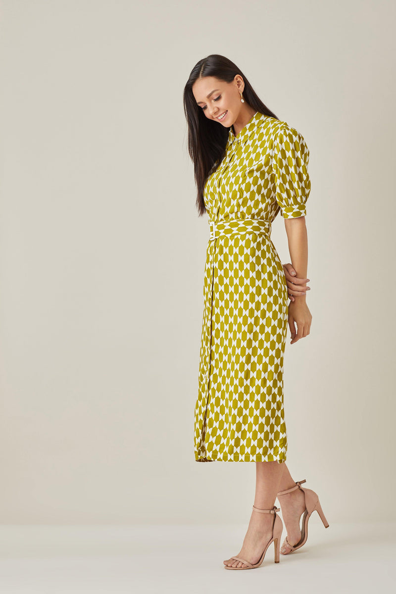 Belted Patterned Dress - Dress - Qua