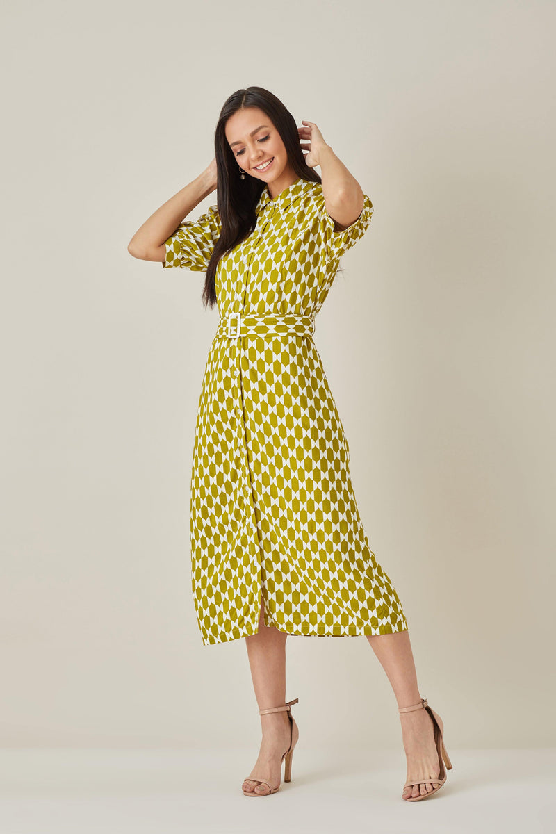 Belted Patterned Dress - Dress - Qua