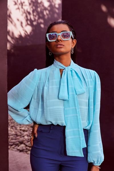 Blue Pussy-bow Chiffon Blouse – Qua